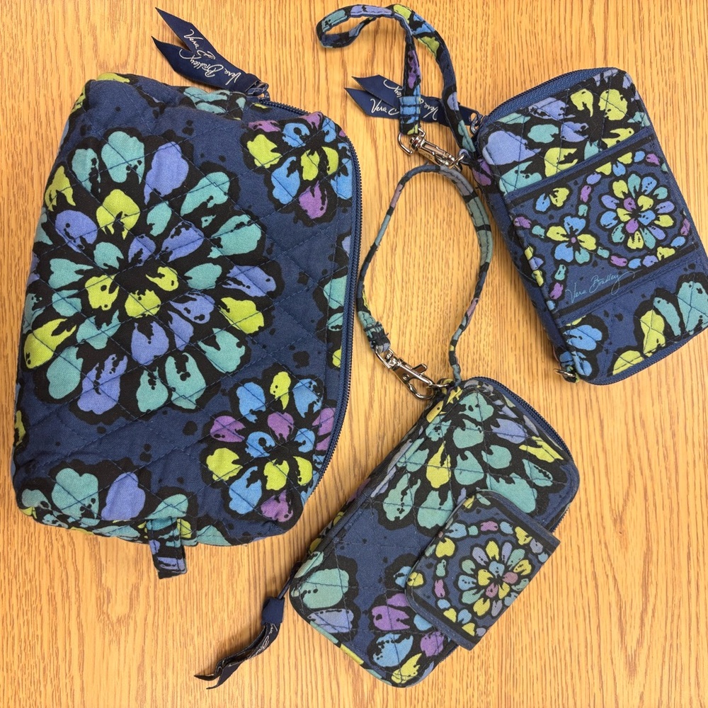 Vera Bradley Navy Quilted Floral Wristlet Set with Aqua, Lime & Lavender Accent
